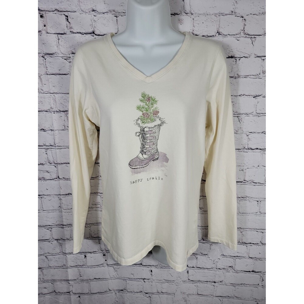 Womens Life Is Good Classic Fit Happy Trails Long Sleeve Ivory T Shirt Med